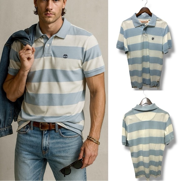 246 Timberland | EUC Blue & White Striped Polo Shirt (Size M) - Picture 1 of 15